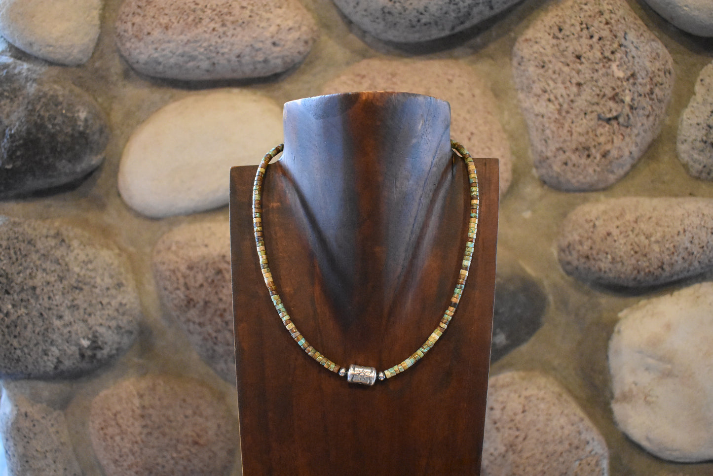 Green Heishi & Sterling Silver Barrel Necklace 16” with extender