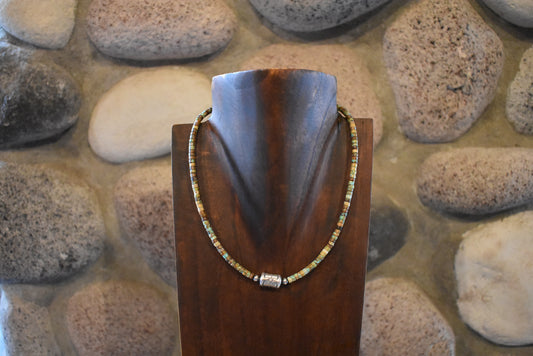 Green Heishi & Sterling Silver Barrel Necklace 16” with extender