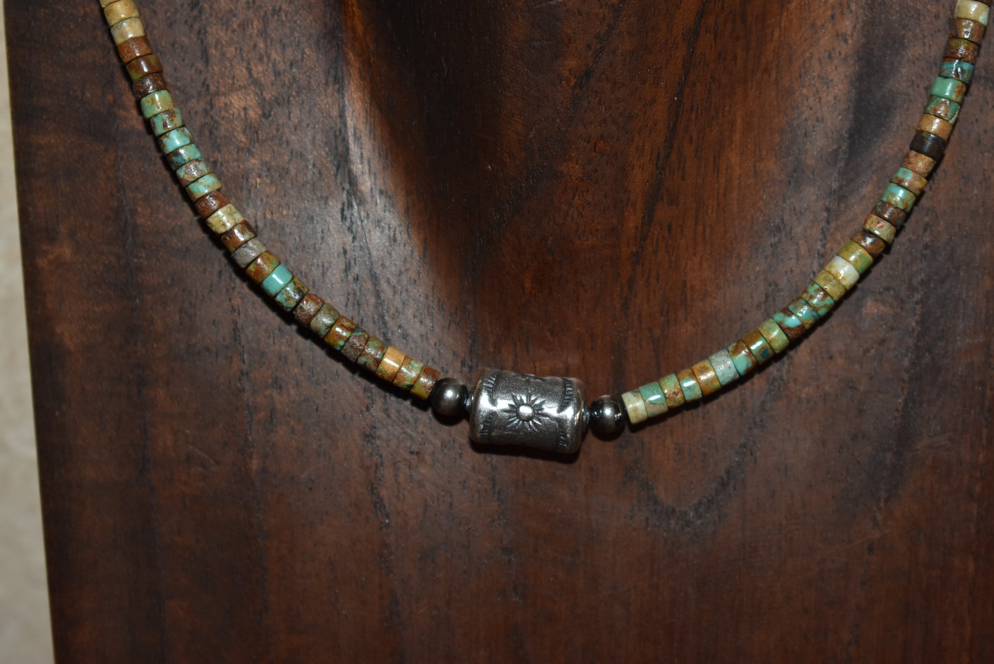 Green Heishi & Sterling Silver Barrel Necklace 16” with extender