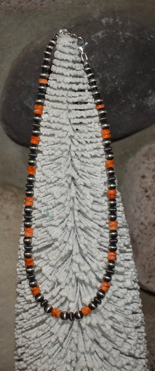 Navajo Pearls with Orange Spiny 16”