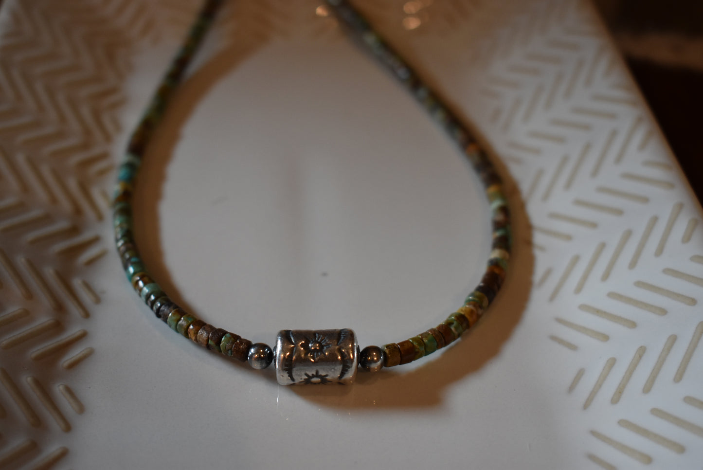 Green Heishi & Sterling Silver Barrel Necklace 16” with extender