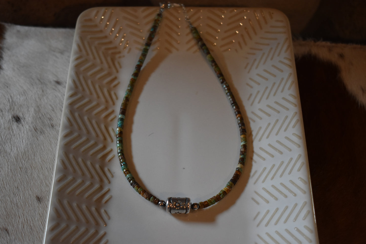 Green Heishi & Sterling Silver Barrel Necklace 16” with extender